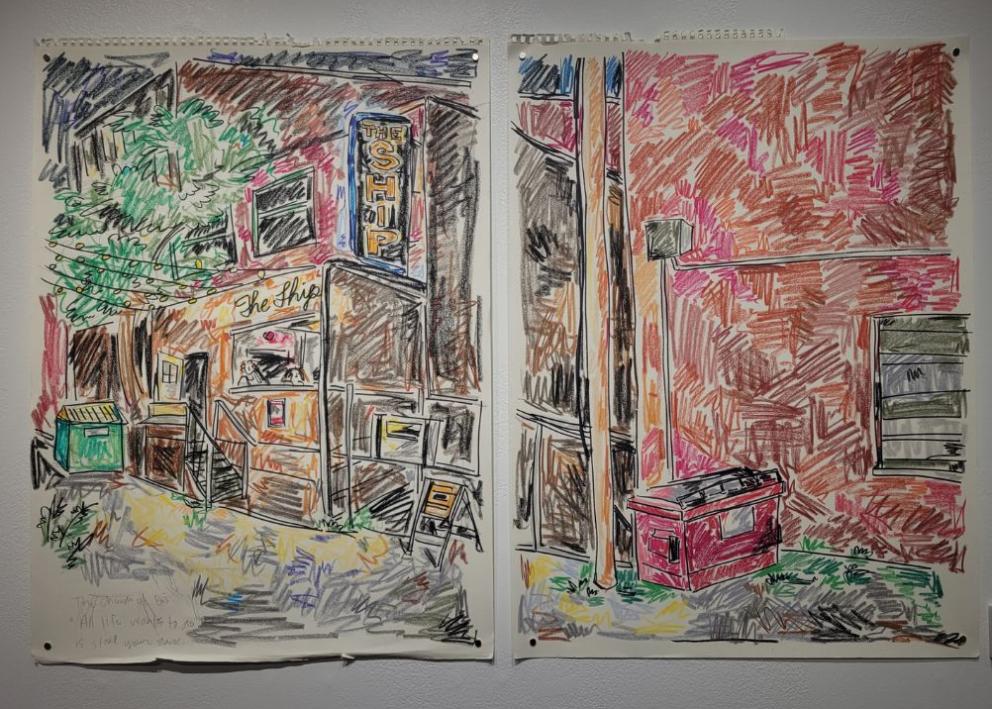 A colorful drawing in marker and crayon on paper of a small store called "The Ship" and the alley next to it