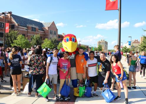 KU students take a picture with Big Jay at UnionFest 2022