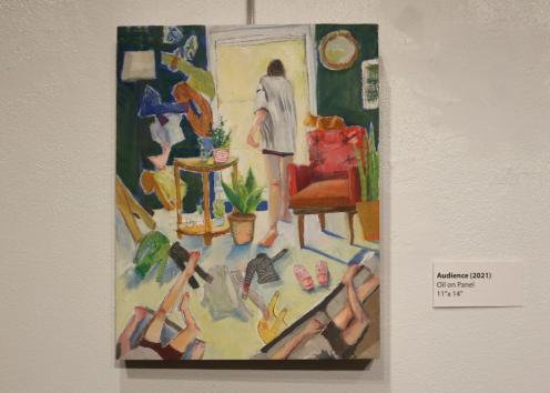 Oil painting on a panel, a messy room with a human looking out the tall window and two other humans sitting on furniture