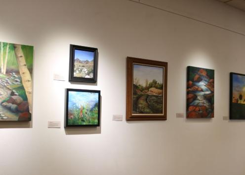 Multiple paintings of various nature scenes in Kansas. Includes a stone path in the woods, rocky mountain terrain, underwater plants and small fish, wetlands with tire tracks, rushing stream of water with rock outline and a sunset with sunflowers.. 