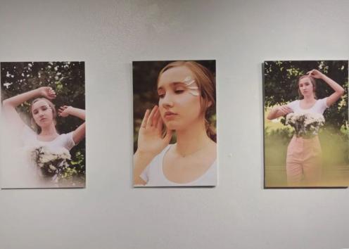 3 photographs of a women with white petals from a blossoming tree
